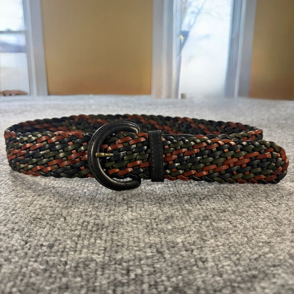 Abercrombie & Fitch Woven Leather Belt Braided Brown Green Y2K Boho M